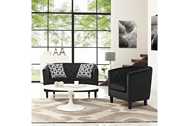 Intrinsically luxurious, the Prospect loveseat and armchair set blends classic and modern design to create a new look to love. Button tufting and sweeping curves mesh to form this eye-catchingly chic contemporary duo. Featuring comfortable foam padding and soft velvet upholstery, this seating set is striking in style.Includes loveseat and armchair | Dense foam padding  | Performance velvet polyester upholstery | Stain-resistant fabric | Wood legs with espresso finish | Deep button tufting | Non-marking foot caps | Assembly required