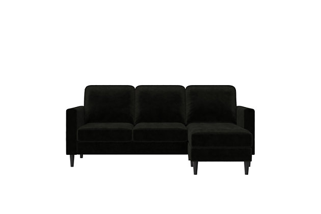 Gamify your sanctuary with the CosmoLiving Strummer Sectional Sofa. Covered in lush charcoal gray velvet upholstery, the sofa is perched on sleek contrasting black wooden legs for durability. Here are the deets: the Strummer’s compact interchangeable design features a fab floating chaise that can be positioned on either side for full on versatility and comfort. With its narrow mailbox arms and modern tufting, this sectional gives us all the vintage glam vibes. Run, don’t walk to make our CosmoLiving Strummer Sectional Sofa the fiercest new addition to your space.Modern small space reversible sectional sofa with floating chaise. | Upholstered in an elegant velvet fabric that is easy to wipe clean. | Some assembly required, hardware included, 1-year limited warranty. | Sectional dimensions: 81.62" W x 59.62" D x 35.37" H. Shipping dimensions:  74.88" W x 26" D x 16.1" H. Weight Limit: 225lbs. | Loose seat and back cushions | Tufted seats | Track arms | Seats up to 3 | 1 year limited manufacturer warranty | Imported | Assembly required