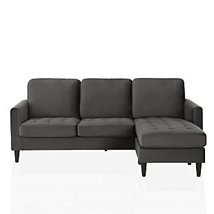 Gamify your sanctuary with the CosmoLiving Strummer Sectional Sofa. Covered in lush charcoal gray velvet upholstery, the sofa is perched on sleek contrasting black wooden legs for durability. Here are the deets: the Strummer’s compact interchangeable design features a fab floating chaise that can be positioned on either side for full on versatility and comfort. With its narrow mailbox arms and modern tufting, this sectional gives us all the vintage glam vibes. Run, don’t walk to make our CosmoLiving Strummer Sectional Sofa the fiercest new addition to your space.Modern small space reversible sectional sofa with floating chaise. | Upholstered in an elegant velvet fabric that is easy to wipe clean. | Some assembly required, hardware included, 1-year limited warranty. | Sectional dimensions: 81.62" W x 59.62" D x 35.37" H. Shipping dimensions:  74.88" W x 26" D x 16.1" H. Weight Limit: 225lbs. | Loose seat and back cushions | Tufted seats | Track arms | Seats up to 3 | 1 year limited manufacturer warranty | Imported | Assembly required