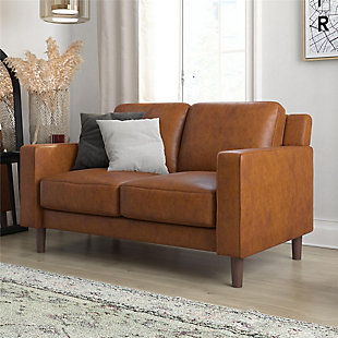 Atwater Living Janelle Faux Leather Loveseat Sofa, Camel, rollover