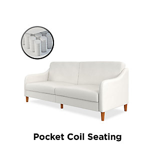The Atwater Living Jodi Coil Futon is a functional and stylish solution to small space living. The sublime minimalistic design is highlighted with faux leather upholstery, graceful wing-shaped armrests and tapered wood legs for added warmth. The thick encased coil and foam cushions provide supreme comfort for long hours of relaxation. Cleverly designed to accommodate multiple positions by simply lowering the back cushion to lounging or sleeping, you can enjoy this masterpiece anytime throughout the day.Independently encased coils and foam seating | Faux leather upholstery | Tapered wood legs | Multi-position back; reclines to convert from sofa to lounger to sleeper with just a push and pull | Assembly required