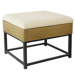 HomePop Industrial Metal Upholstered Storage Ottoman, Cream, large