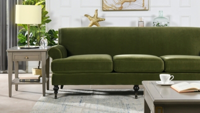 Olive green sofa with matching ottoman and side table