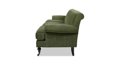 Olive green sofa side view with rolled arms
