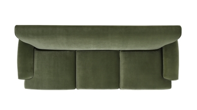 Back view of olive green sofa showing cushions and upholstery