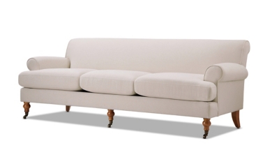 three-quarter front view of beige sofa