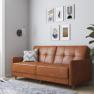 Atwater Living Adam Coil Futon, Camel Faux Leather, Camel, rollover