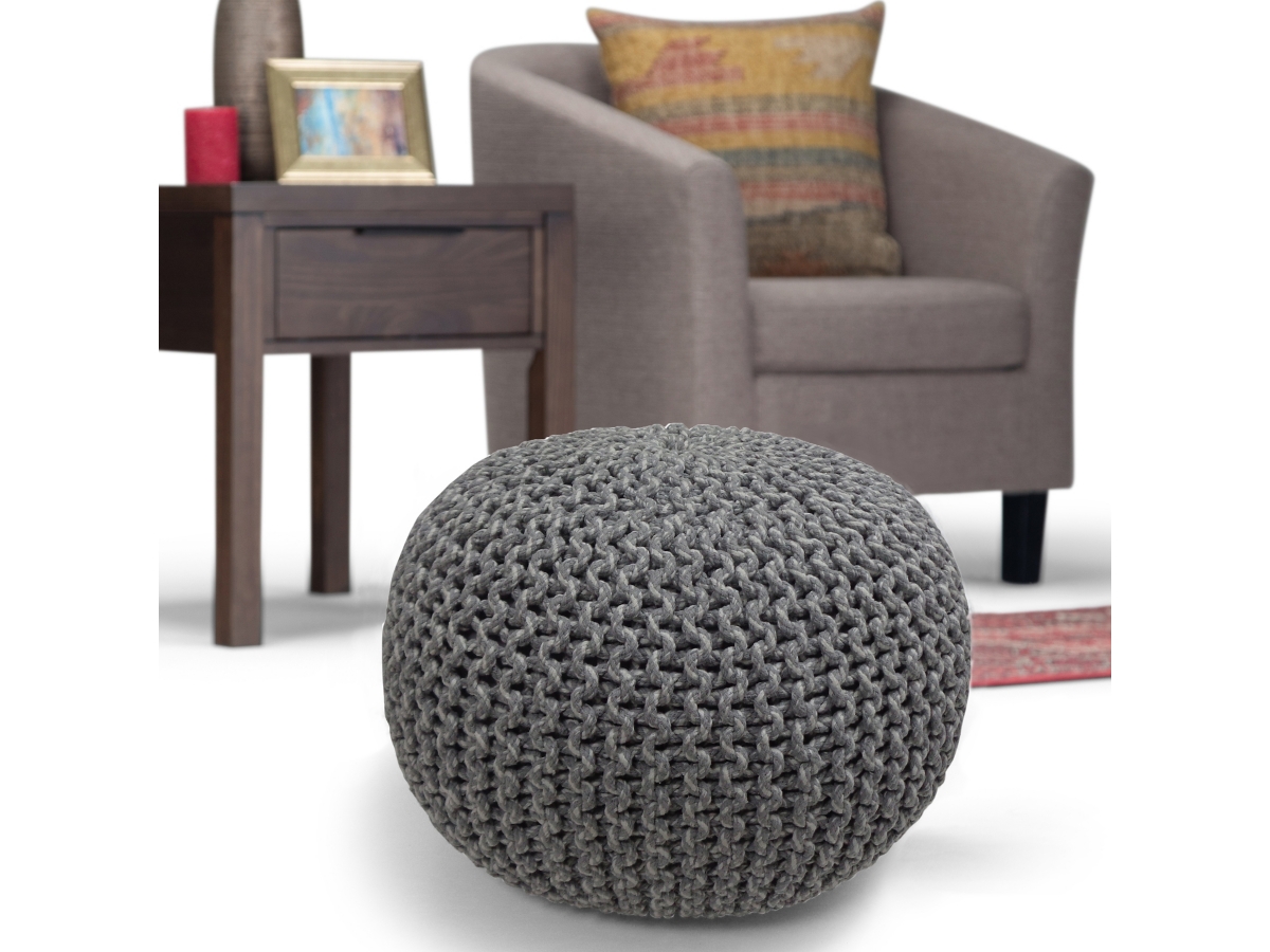 Simpli Home Nikki Hand Knit Pouf, Gray, large