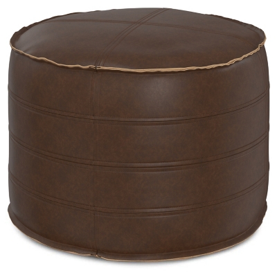 Simpli Home Brody Round Ottoman in Distressed Faux Leather, , large