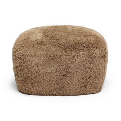 beige square or rounded furry ottoman on white background