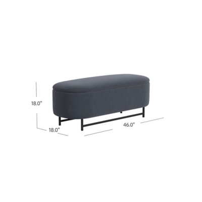Blue upholstered bench with dimensions 46.0" long by 18.0" wide and legs ~18" high, side view