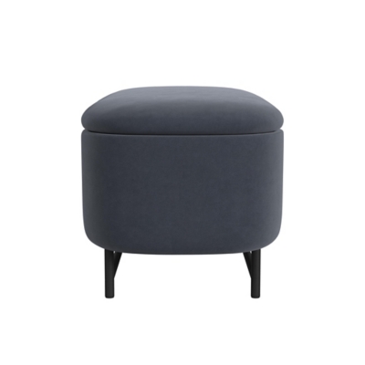 Blue upholstered ottoman with lid and short legs