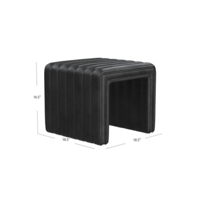 Isometric diagram of black ribbed ottoman with dimensions 16.5 x 18.5 x 18.5 inches
