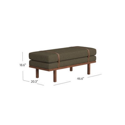 Olive-green ottoman/bench with wooden legs and straps, with dimensions annotated (18.6", 20.3", 46.6").