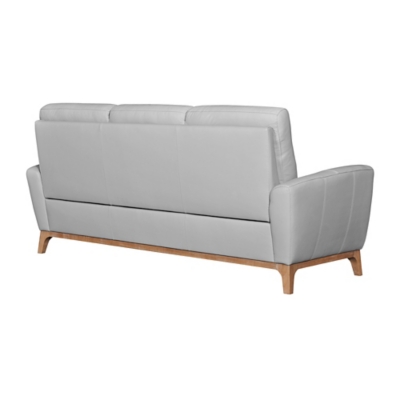 Rear view of light gray sofa showing back and armrests with wooden legs
