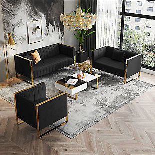 Trillium 3-Piece Black and Gold Sofa, Loveseat and Armchair, Black/Gold, rollover