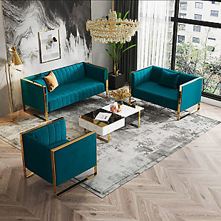 Trillium 3-Piece Teal and Gold Sofa, Loveseat and Armchair, Teal/Gold, rollover