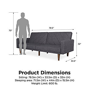 Fashion trends in furniture design are bringing back the days of bold lines, low-profile shapes and wood accents. The Paxson futon combines all three for a look that will add modern-retro flair to your home. Distinctive touches include intricate diagonal stitching and rounded solid wood legs in a warm finish. Thanks to the split-back design of this futon, you can sit, lounge or recline the cushions fully to host overnight guests.Split-back design can be independently reclined from sitting to lounging or lying position | Stylish linen-weave upholstery | Intricate diagonal stitching | Rounded solid wood legs | Padding under feet to protect floors from scuffs and scratches | Weight limit 600 lbs. | Easy assembly required