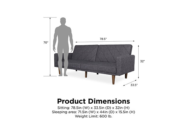 Fashion trends in furniture design are bringing back the days of bold lines, low-profile shapes and wood accents. The Paxson futon combines all three for a look that will add modern-retro flair to your home. Distinctive touches include intricate diagonal stitching and rounded solid wood legs in a warm finish. Thanks to the split-back design of this futon, you can sit, lounge or recline the cushions fully to host overnight guests.Split-back design can be independently reclined from sitting to lounging or lying position | Stylish linen-weave upholstery | Intricate diagonal stitching | Rounded solid wood legs | Padding under feet to protect floors from scuffs and scratches | Weight limit 600 lbs. | Easy assembly required