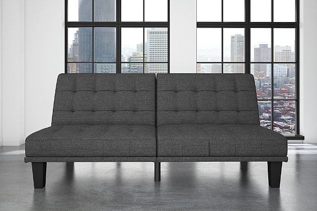 On the lookout for an ultra-contemporary look? The Mark futon and lounger marks the spot. Clean lines, square tufting and armless frame add up to a cutting-edge aesthetic. Split-back design allows you to go from sitting to lounging to sleeping positions with ease. What beautiful proof that big style is made to suit small spaces.Contemporary low-seating design | Linen upholstery | Tufted cushions | Split back design provides multiple positions of comfort | Sturdy wood construction | Padding under feet to protect floors from scuffs and scratches | Weight limit 600 lbs. | Easy assembly required