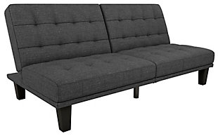 On the lookout for an ultra-contemporary look? The Mark futon and lounger marks the spot. Clean lines, square tufting and armless frame add up to a cutting-edge aesthetic. Split-back design allows you to go from sitting to lounging to sleeping positions with ease. What beautiful proof that big style is made to suit small spaces.Contemporary low-seating design | Linen upholstery | Tufted cushions | Split back design provides multiple positions of comfort | Sturdy wood construction | Padding under feet to protect floors from scuffs and scratches | Weight limit 600 lbs. | Easy assembly required