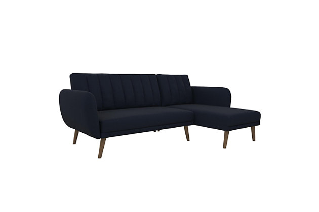Comfy and compact, the Novogratz Brittany Sectional Futon Sofa is perfect for any small living space! Add a contemporary flair and a pop of colour to your living room with this modern futon upholstered in rich linen with a ribbed tufted back. It is founded on a sturdy frame and wooden legs that are stable and durable and the chaise can be set up on either side of the sofa, offering you full on versatility and customization. What’s more, with this sectional, you can say goodbye to stressing about where your guests can sleep as this multi-functional piece effortlessly coverts from a sofa into a spacious bed in no time. Its tufted backrest and seating will guarantee optimal comfort whether you are watching TV, reading a book or napping. The Brittany is easy to maintain by cleaning with just a damp cloth. Available in multiple fun colors, it is shipped in two easy to handle boxes and assembles smoothly. Open up your living room with our Brittany Sectional Futon Sofa and have the space you’ve always wished for.Modern design in stylish linen upholstery with ribbed tufted cushioned back | Multi-functional piece ideal for small living spaces: converts seamlessly from a sofa into a bed. The chaise can be set up in either side of the sofa | Made with a sturdy wooden frame, it is easy to assemble. Available in Blue Linen, Grey Linen and Green Linen. | Ships in two separate boxes and wipes clean with a damp cloth