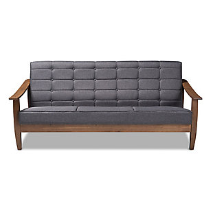 Inspired by chic mid-century Scandinavian design, this sofa is a cool addition to any space. Showcasing a sleek silhouette comprised of sloping arms and an angled back, the plush gray cushions provide comfort and complement the warm walnut-tone finish.  Mid-century inspired with biscuit tufting and tapered legs that add a vintage charm, this stylish sofa is well suited for both private living spaces and public reception areas.Rubberwood frame | Walnut-tone brown finish | Fixed cushions with gray polyester upholstery | Assembly required | Ships in 2 boxes