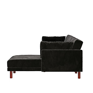 This sectional futon is a host's dream come true. With coil seating and a convertible backrest, it's the perfect spot to hang out with your friends and have a comfortable place for them to stay overnight. This modern reclining sectional, with rich velvet upholstery and dark wooden legs, features a multifunctional split-back design that independently converts between three positions: sitting, lounging and sleeping. The chaise can be set up on either side of the sectional to fit your room layout.Made of engineered wood, rubberwood and velvet | Black velvet upholstery | Wood frame and legs | Easily converts from a sitting position to a lounging position or sleeper | Spot clean | Assembly required | Ships in 2 boxes