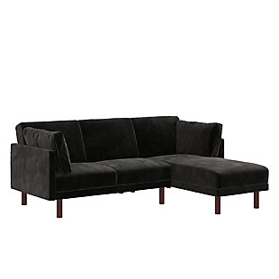 This sectional futon is a host's dream come true. With coil seating and a convertible backrest, it's the perfect spot to hang out with your friends and have a comfortable place for them to stay overnight. This modern reclining sectional, with rich velvet upholstery and dark wooden legs, features a multifunctional split-back design that independently converts between three positions: sitting, lounging and sleeping. The chaise can be set up on either side of the sectional to fit your room layout.Made of engineered wood, rubberwood and velvet | Black velvet upholstery | Wood frame and legs | Easily converts from a sitting position to a lounging position or sleeper | Spot clean | Assembly required | Ships in 2 boxes