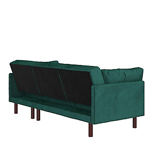 This sectional futon is a host's dream come true. With coil seating and a convertible backrest, it's the perfect spot to hang out with your friends and have a comfortable place for them to stay overnight. This modern reclining sectional, with rich velvet upholstery and dark wooden legs, features a multifunctional split-back design that independently converts between three positions: sitting, lounging and sleeping. The chaise can be set up on either side of the sectional to fit your room layout.Made of engineered wood, rubberwood and velvet | Green velvet upholstery | Wood frame and legs | Easily converts from a sitting position to a lounging position or sleeper | Spot clean | Assembly required | Ships in 2 boxes