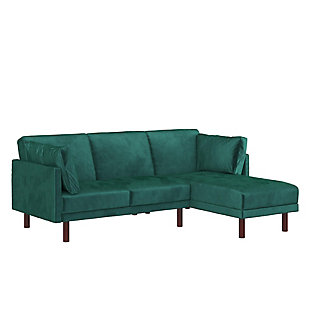 This sectional futon is a host's dream come true. With coil seating and a convertible backrest, it's the perfect spot to hang out with your friends and have a comfortable place for them to stay overnight. This modern reclining sectional, with rich velvet upholstery and dark wooden legs, features a multifunctional split-back design that independently converts between three positions: sitting, lounging and sleeping. The chaise can be set up on either side of the sectional to fit your room layout.Made of engineered wood, rubberwood and velvet | Green velvet upholstery | Wood frame and legs | Easily converts from a sitting position to a lounging position or sleeper | Spot clean | Assembly required | Ships in 2 boxes