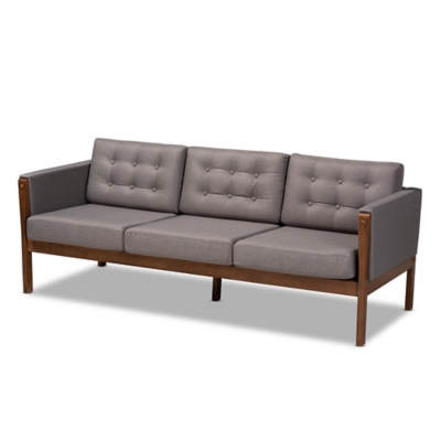 Baxton Studio Lenne Mid-Century Modern Gray Fabric Upholstered Walnut Finished Sofa, , rollover