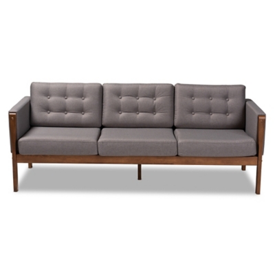 Baxton Studio Lenne Mid-Century Modern Gray Fabric Upholstered Walnut Finished Sofa, , large