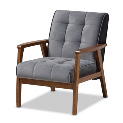 Baxton Studio Asta Mid-Century Modern Gray Velvet Fabric Upholstered Walnut Finished Wood Armchair, Gray, rollover