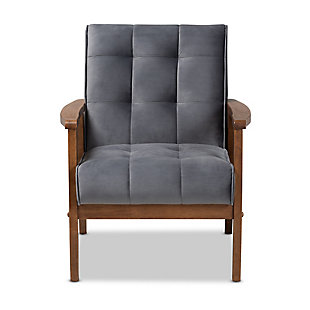 Baxton Studio Asta Mid-Century Modern Gray Velvet Fabric Upholstered Walnut Finished Wood Armchair, Gray, large