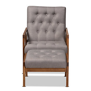 Baxton Studio Naeva Mid-Century Modern Gray Fabric Upholstered Walnut Finished Wood 2-Piece Armchair and Footstool Set, , large