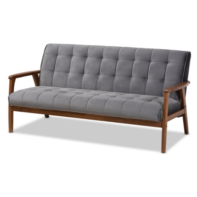 Baxton Studio Asta Mid-Century Modern Gray Velvet Fabric Upholstered Walnut Finished Wood Sofa, Gray, rollover