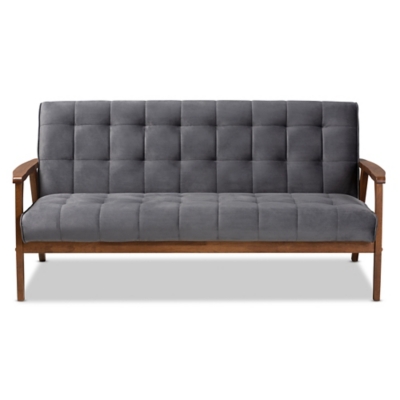 Baxton Studio Asta Mid-Century Modern Gray Velvet Fabric Upholstered Walnut Finished Wood Sofa, Gray, large