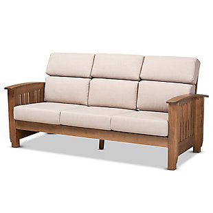 Baxton Studio Charlotte Modern Classic Mission Style Taupe Fabric Upholstered Walnut Brown Finished Wood 3-Seater Sofa, , rollover