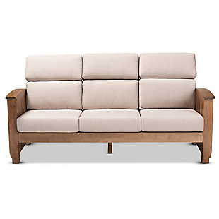 Baxton Studio Charlotte Modern Classic Mission Style Taupe Fabric Upholstered Walnut Brown Finished Wood 3-Seater Sofa, , large