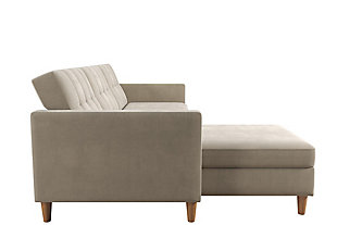 Create your dream living room with the Atwater Living Heidi storage futon with sectional. This contemporary sofa sectional will bring the clean and relaxed look you’ve always dreamed of. The chaise is interchangeable, allowing you to choose from whichever side fits best in your home. And the sofa converts into a lounger or bed within seconds. Whether you’re watching television, lounging around or in need of an extra sleep space, this futon sectional is guaranteed to supply all your needs. It also features extra storage space directly from your chaise compartment, ideal for storing extra pillows and covers.  Easy to assemble and clean, this tan chenille futon with sectional is the perfect marriage of style and function.Sofa with multi-position back and interchangeable chaise | Small space solution  | Chenille upholstery in a tan color | Foam cushions | Storage compartment in chaise | Made of engineered wood, fabric, polyester and foam | Ships in 2 boxes | Assembly required