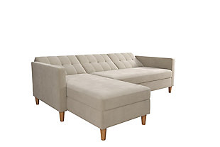 Create your dream living room with the Atwater Living Heidi storage futon with sectional. This contemporary sofa sectional will bring the clean and relaxed look you’ve always dreamed of. The chaise is interchangeable, allowing you to choose from whichever side fits best in your home. And the sofa converts into a lounger or bed within seconds. Whether you’re watching television, lounging around or in need of an extra sleep space, this futon sectional is guaranteed to supply all your needs. It also features extra storage space directly from your chaise compartment, ideal for storing extra pillows and covers.  Easy to assemble and clean, this tan chenille futon with sectional is the perfect marriage of style and function.Sofa with multi-position back and interchangeable chaise | Small space solution  | Chenille upholstery in a tan color | Foam cushions | Storage compartment in chaise | Made of engineered wood, fabric, polyester and foam | Ships in 2 boxes | Assembly required