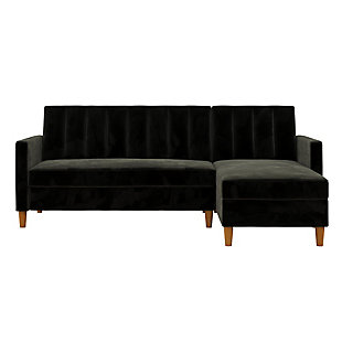 Showcase your trendy style with the Atwater Living Karen futon sectional with storage. This piece exudes comfort and luxury with its black velvet upholstery, while vertical stitching on the back adds a splash of flair. Its multifunctional design makes this futon sectional truly versatile, with a split-back couch design that independently converts between three positions: sitting, lounging and sleeping. To top it off, the reclining chaise offers additional storage and can be placed on either side of the sectional, allowing you to create extra room in small spaces.Black velvet upholstery and vertical stitching in the backrest | Foam cushions | Chaise can be placed on either side of the sectional | Reclining chaise lifts to provide extra storage | Multifunctional split-back couch design that converts between three positions: sitting, lounging and sleeping | Made with wood | Ships in two boxes | Assembly required