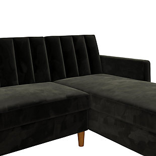 Showcase your trendy style with the Atwater Living Karen futon sectional with storage. This piece exudes comfort and luxury with its black velvet upholstery, while vertical stitching on the back adds a splash of flair. Its multifunctional design makes this futon sectional truly versatile, with a split-back couch design that independently converts between three positions: sitting, lounging and sleeping. To top it off, the reclining chaise offers additional storage and can be placed on either side of the sectional, allowing you to create extra room in small spaces.Black velvet upholstery and vertical stitching in the backrest | Foam cushions | Chaise can be placed on either side of the sectional | Reclining chaise lifts to provide extra storage | Multifunctional split-back couch design that converts between three positions: sitting, lounging and sleeping | Made with wood | Ships in two boxes | Assembly required