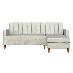 Showcase your trendy style with the Atwater Living Karen futon sectional with storage. This piece exudes comfort and luxury with its light gray velvet upholstery, while vertical stitching on the back adds a splash of flair. Its multifunctional design makes this futon sectional truly versatile, with a split-back couch design that independently converts between three positions: sitting, lounging and sleeping. To top it off, the reclining chaise offers additional storage and can be placed on either side of the sectional, allowing you to create extra room in small spaces.Light gray velvet upholstery and vertical stitching in the backrest | Foam cushions | Chaise can be placed on either side of the sectional | Reclining chaise lifts to provide extra storage | multifunctional split-back couch design that converts between three positions: sitting, lounging and sleeping | Made with wood | Ships in two boxes | Assembly required