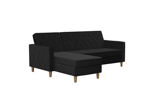 You need this CosmoLiving Liberty Sectional Futon with Storage. Simple and stylish, it's the perfect small space solution with functional features and a compact design. Choose between a fierce green velvet, blush pink velvet, ivory velvet, black velvet or light grey chenille finish with delicately crafted diamond tufting and brass legs for a flawless Insta-worthy look. The chaise can be positioned on either side of the futon and the wide storage compartment is perfect for stashing electronic devices or even off-season clothing. The adjustable back lets you recline comfortably or lie flat for a great night's sleep.Made of engineered wood, fabric and velvet | Black; other trendy color options are available | Simple, elegant design with delicate crafted diamond tufting | Multi-position back, interchangeable chaise and storage compartment | Wipes clean with a soft cloth | Ships in 2 boxes | 1 year limited warranty