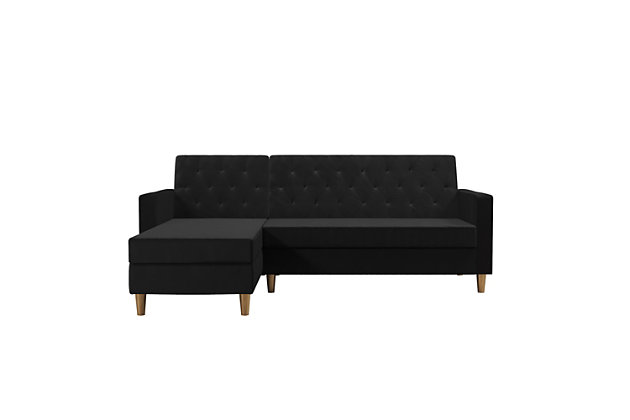 You need this CosmoLiving Liberty Sectional Futon with Storage. Simple and stylish, it's the perfect small space solution with functional features and a compact design. Choose between a fierce green velvet, blush pink velvet, ivory velvet, black velvet or light grey chenille finish with delicately crafted diamond tufting and brass legs for a flawless Insta-worthy look. The chaise can be positioned on either side of the futon and the wide storage compartment is perfect for stashing electronic devices or even off-season clothing. The adjustable back lets you recline comfortably or lie flat for a great night's sleep.Made of engineered wood, fabric and velvet | Black; other trendy color options are available | Simple, elegant design with delicate crafted diamond tufting | Multi-position back, interchangeable chaise and storage compartment | Wipes clean with a soft cloth | Ships in 2 boxes | 1 year limited warranty