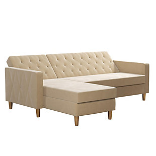 You need this CosmoLiving Liberty Sectional Futon with Storage. Simple and stylish, it's the perfect small space solution with functional features and a compact design. Choose between a fierce green velvet, blush pink velvet, ivory velvet, black velvet or light grey chenille finish with delicately crafted diamond tufting and brass legs for a flawless Insta-worthy look. The chaise can be positioned on either side of the futon and the wide storage compartment is perfect for stashing electronic devices or even off-season clothing. The adjustable back lets you recline comfortably or lie flat for a great night's sleep.Made of engineered wood, fabric and velvet | Ivory; other trendy color options are available | Simple, elegant design with delicate crafted diamond tufting | Multi-position back, interchangeable chaise and storage compartment | Wipes clean with a soft cloth | Ships in 2 boxes | 1 year limited warranty