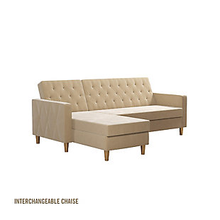 You need this CosmoLiving Liberty Sectional Futon with Storage. Simple and stylish, it's the perfect small space solution with functional features and a compact design. Choose between a fierce green velvet, blush pink velvet, ivory velvet, black velvet or light grey chenille finish with delicately crafted diamond tufting and brass legs for a flawless Insta-worthy look. The chaise can be positioned on either side of the futon and the wide storage compartment is perfect for stashing electronic devices or even off-season clothing. The adjustable back lets you recline comfortably or lie flat for a great night's sleep.Made of engineered wood, fabric and velvet | Ivory; other trendy color options are available | Simple, elegant design with delicate crafted diamond tufting | Multi-position back, interchangeable chaise and storage compartment | Wipes clean with a soft cloth | Ships in 2 boxes | 1 year limited warranty