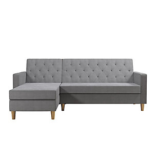 You need this CosmoLiving Liberty Sectional Futon with Storage. Simple and stylish, it's the perfect small space solution with functional features and a compact design. Choose between a fierce green velvet, blush pink velvet, ivory velvet, black velvet or light grey chenille finish with delicately crafted diamond tufting and brass legs for a flawless Insta-worthy look. The chaise can be positioned on either side of the futon and the wide storage compartment is perfect for stashing electronic devices or even off-season clothing. The adjustable back lets you recline comfortably or lie flat for a great night's sleep.Made of engineered wood, fabric and velvet | Light gray; other trendy color options are available | Simple, elegant design with delicate crafted diamond tufting | Multi-position back, interchangeable chaise and storage compartment | Wipes clean with a soft cloth | Ships in 2 boxes | 1 year limited warranty | Estimated Assembly Time: 5 Minutes